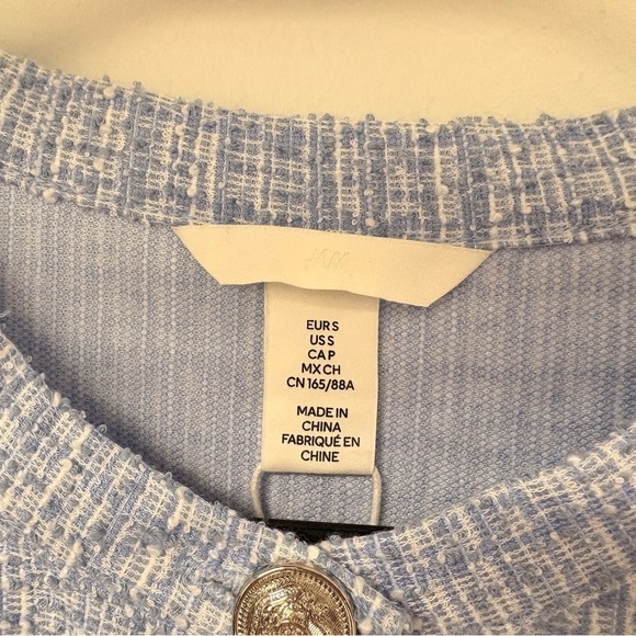 H&M Cropped Tweed Blazer Jacket Light Blue Silver Button Women Small - Picture 3 of 6